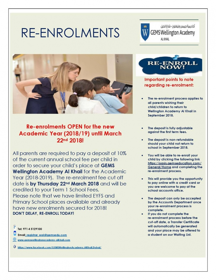 Re-enroll to secure your childs place for 2018/2019 Re-enroll to secure your childs place for 2018/2019
